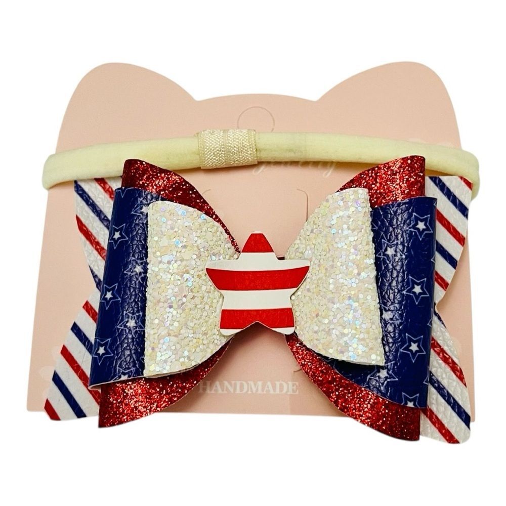 4” Bow Headband 2 in 1 Interchangeable Nylon 4th of July Baby Girl USA Patriotic